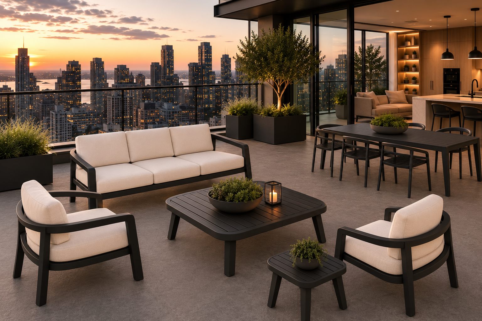 Restored commercial outdoor furniture on a luxury rooftop patio