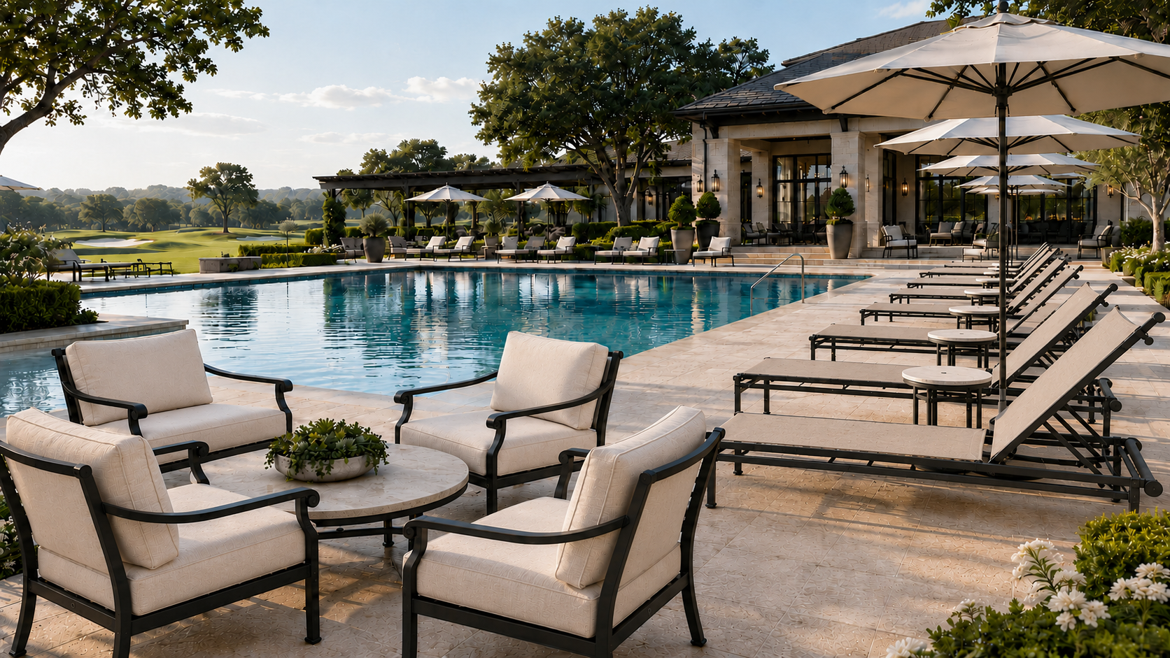 Commercial outdoor furniture before and after restoration at a luxury resort pool